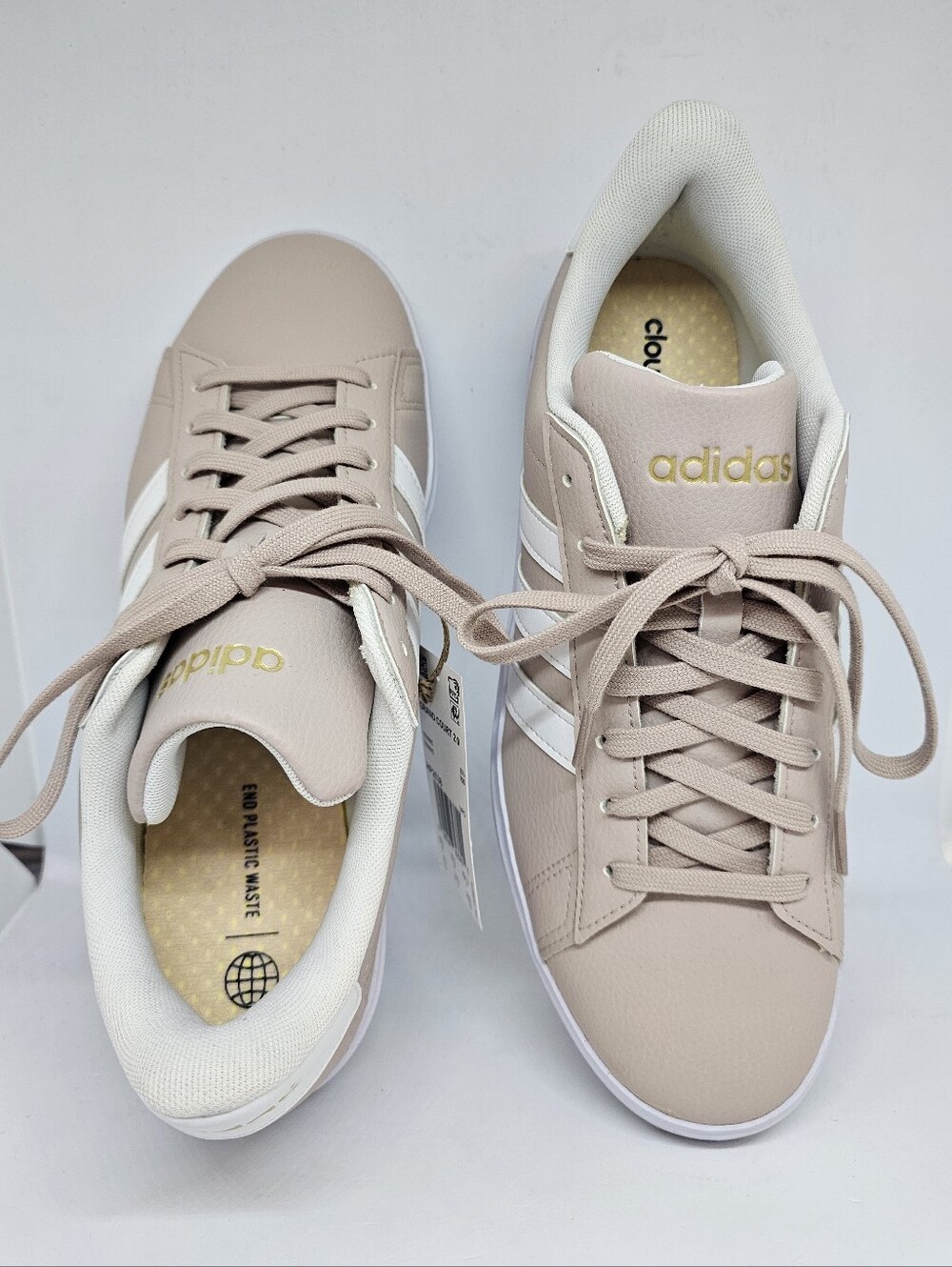 adidas Women’s Taupe Tennis Sneakers with White Stripes and Gold Logo